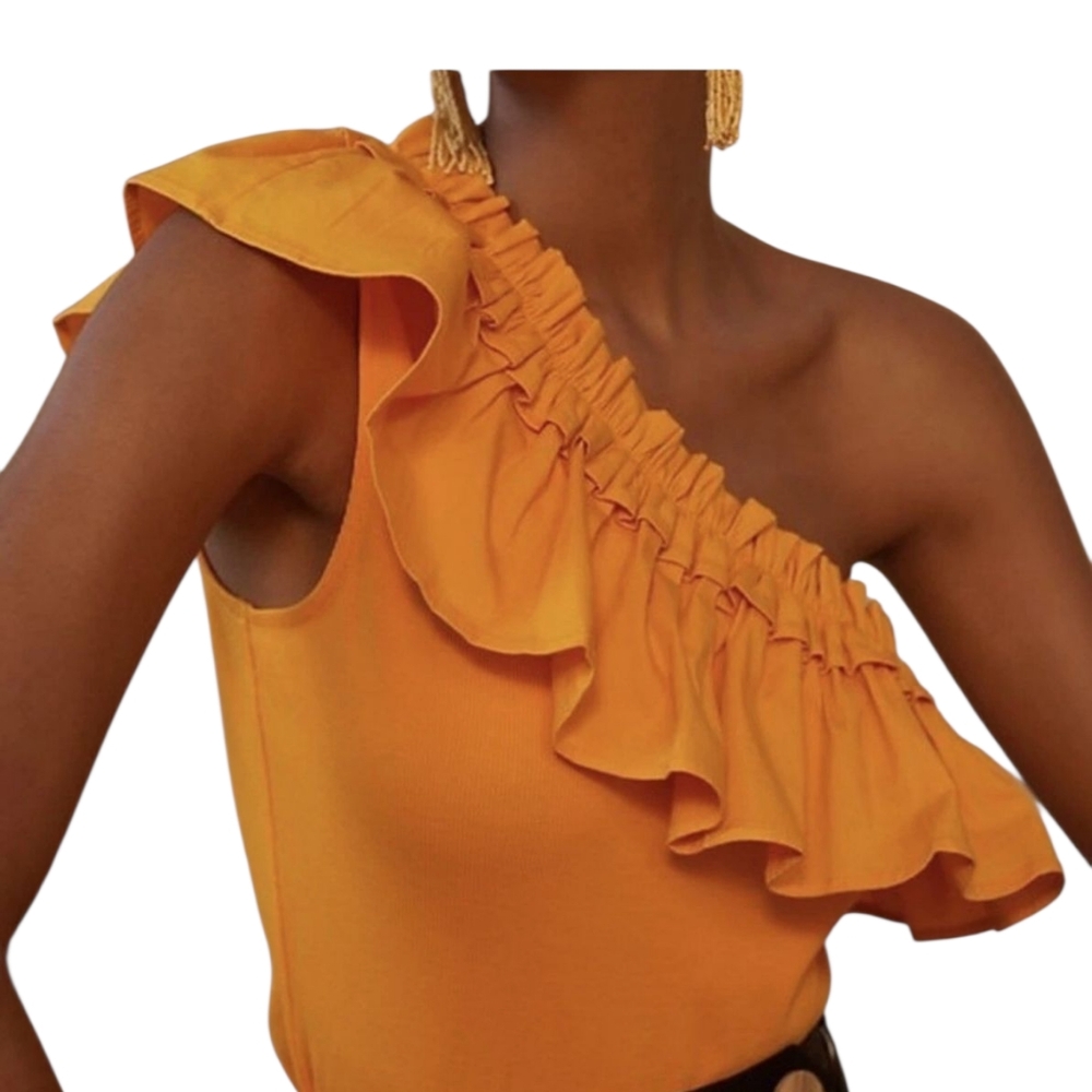 Anthropologie Porridge Gold Yellow Ruffle One Shoulder Top Sz XS